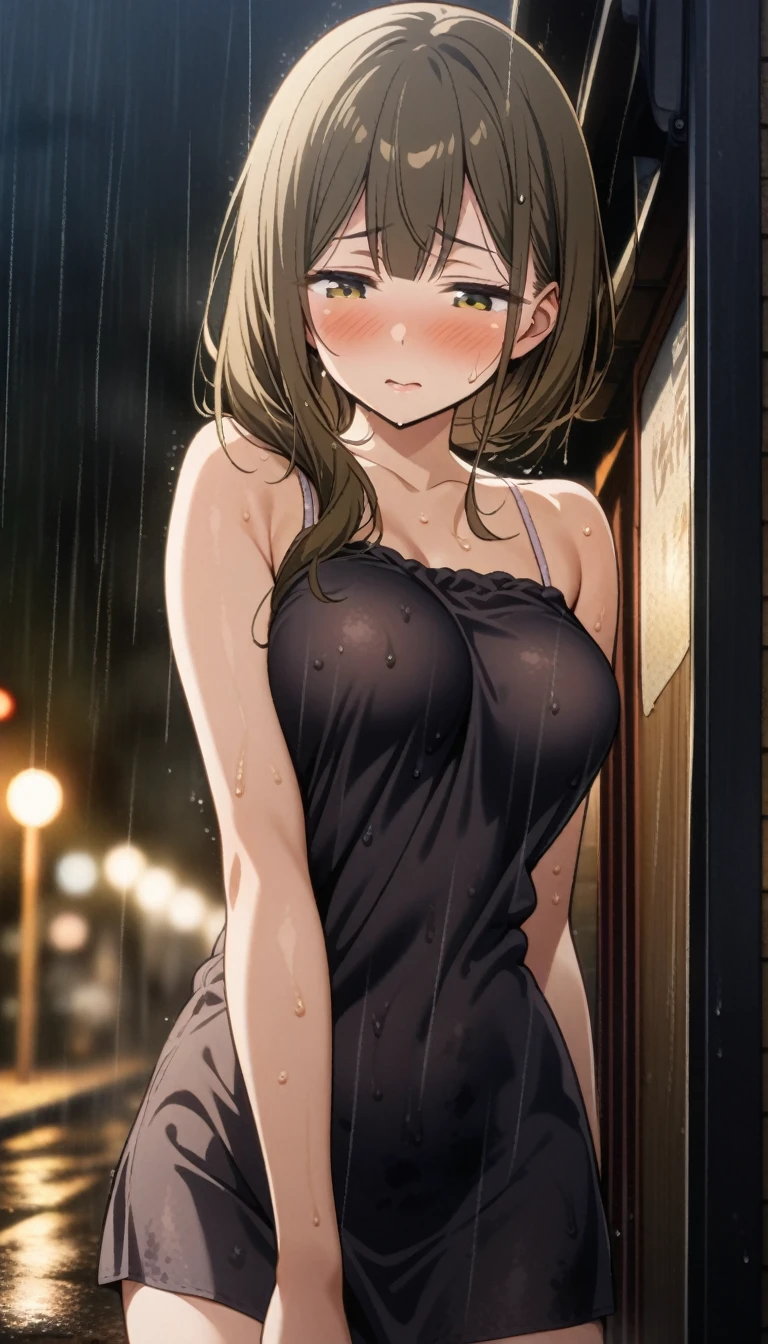 1girl, kuwayama_chiyuki, shiny_colors, best quality, suggestive, seductive, (soaked, wet), sweat, ((raining)), blury background, latest, blush, backlight, sleeveless, bare shoulder, night, outdoor, official art, nsfw, busstop, half-closed_eyes, looking down, medium breasts, sneaking, panty line, from front view, complex_background, tokunou shoutarou, yd