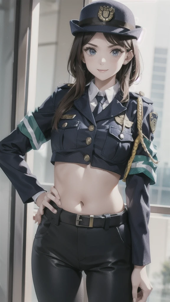 
Women in crop top police uniform, police  pants, showing navel, fat