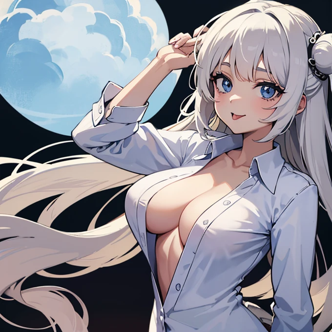 Garota de anime cabelo branco, pele clara, olhos cinzas, orelhas de gato, tongue out, looking at camera, camisa branca transparente, corpo sexy, seios quase para fora, Camisa transparente