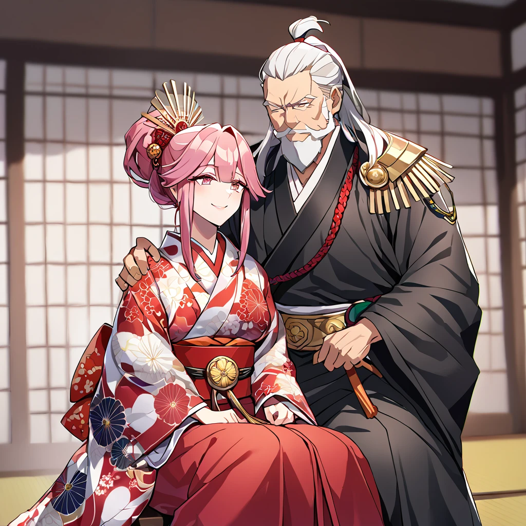 ((highest quality)), ((masterpiece)), (detailed), （Perfect Face）、（The woman is Rena, with short pink hair, a happy smile and is in a luxurious samurai mansion.、The woman is a consort to Oda Nobunaga, and is wearing a gorgeous embroidered uchikake kimono with bright, vivid colors and patterns, as befits a consort, and has gorgeous accessories from the Edo period, such as a gorgeous hairpin and a bunkin takashimada hairstyle.）、A husband and wife are peacefully close together, the woman leans on her husband and the man embraces his wife. The husband is 60 years old and the wife is 32 years old.、The man is Oda Nobunaga, with his dignified beard and topknot, wearing formal attire such as a hakama.