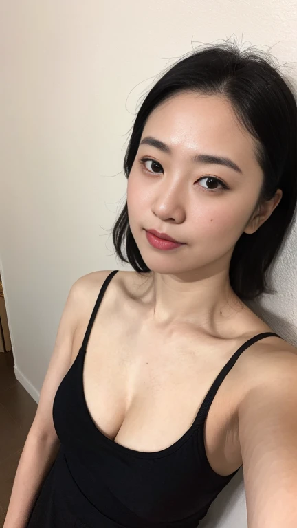 highest quality,masterpiece,Ultra-high resolution,(Realistic:1.4),Beautiful lighting, (Highly detailed CG Unity 8k wallpaper), Beautiful face in every detail,Detailed clothing, 50mm portrait photography, No background、One Girl,Big black eyes, cute, young, stop temporarily, Facial Lighting, Physically Based Rendering,Written boundary depth , Black Hair, Medium Hair, ((Take from above)), Japanese women、20-year-old、dress、(Big Breasts)、(Upper Body)、Young and beautiful woman taking a selfie, Taken with iPhone camera、In front of a white wall
