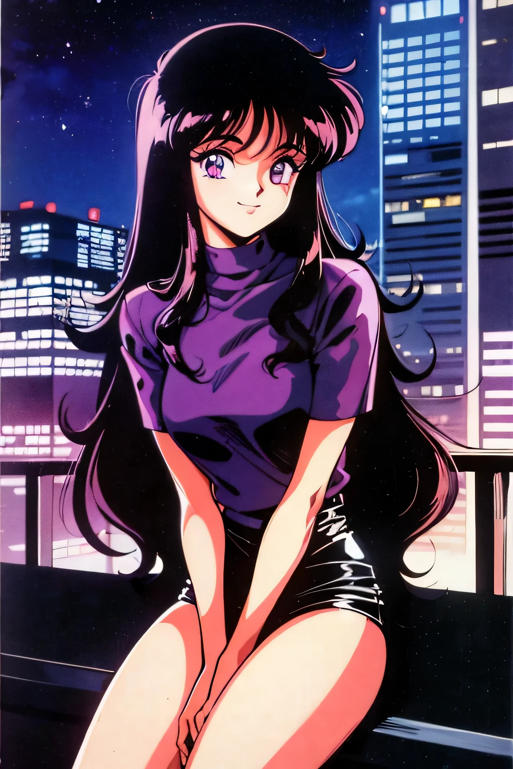 1990s (style), 1980s (style), sci-fi magazine artstyle, cute girl, long black hair, purple eyes, smiling, wavy hair, city at night, best quality, masterpiece.