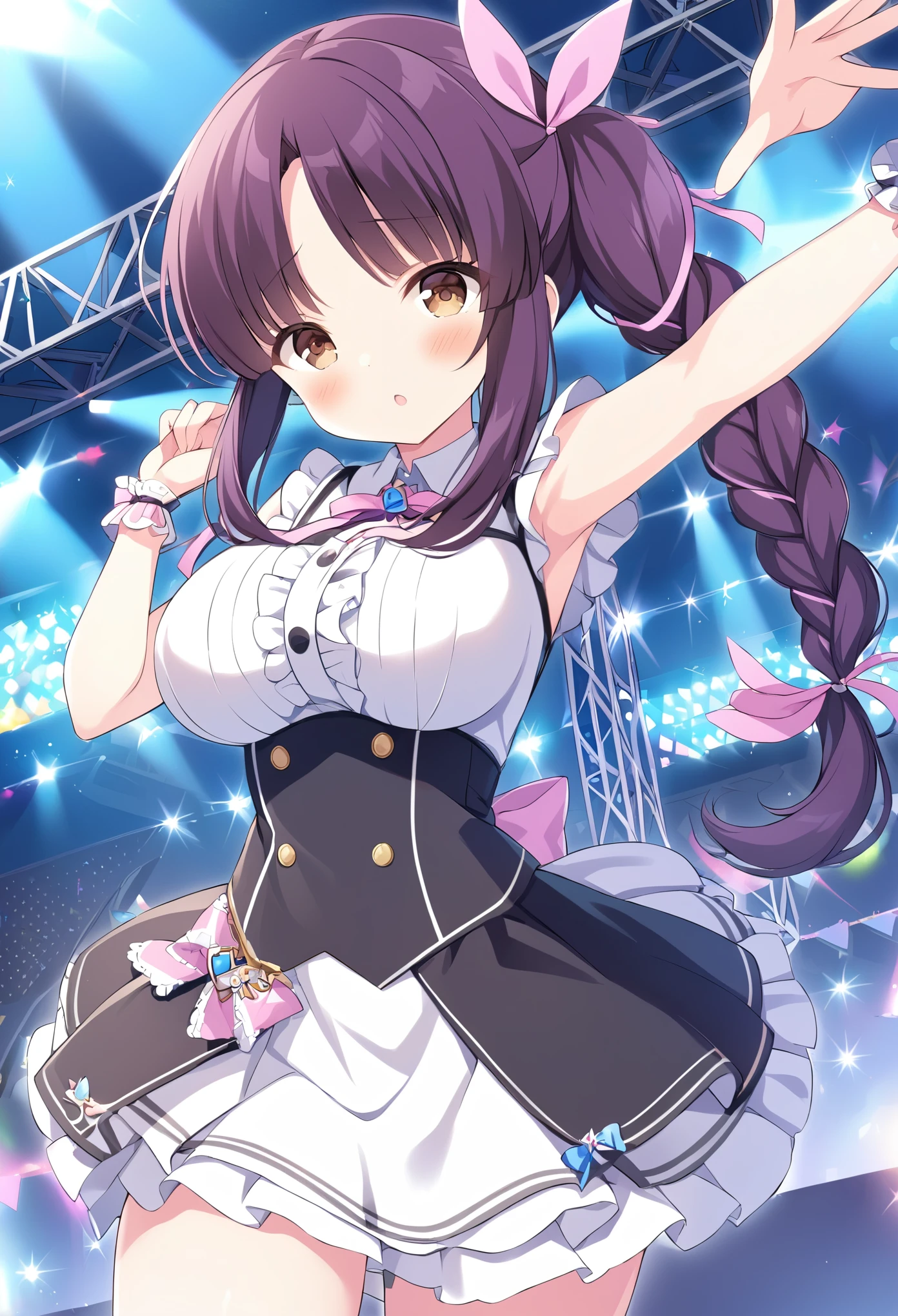 NANAMISHIKI, PURPLE HAIR, BRAIDED PONYTAIL, SIDE PONYTAIL, HAIR RIBBON, PINK RIBBON, PARTED BANGS, BLUNT BANGS, LONG HAIR, BROWN EYES,, large breasts, live stage, solo