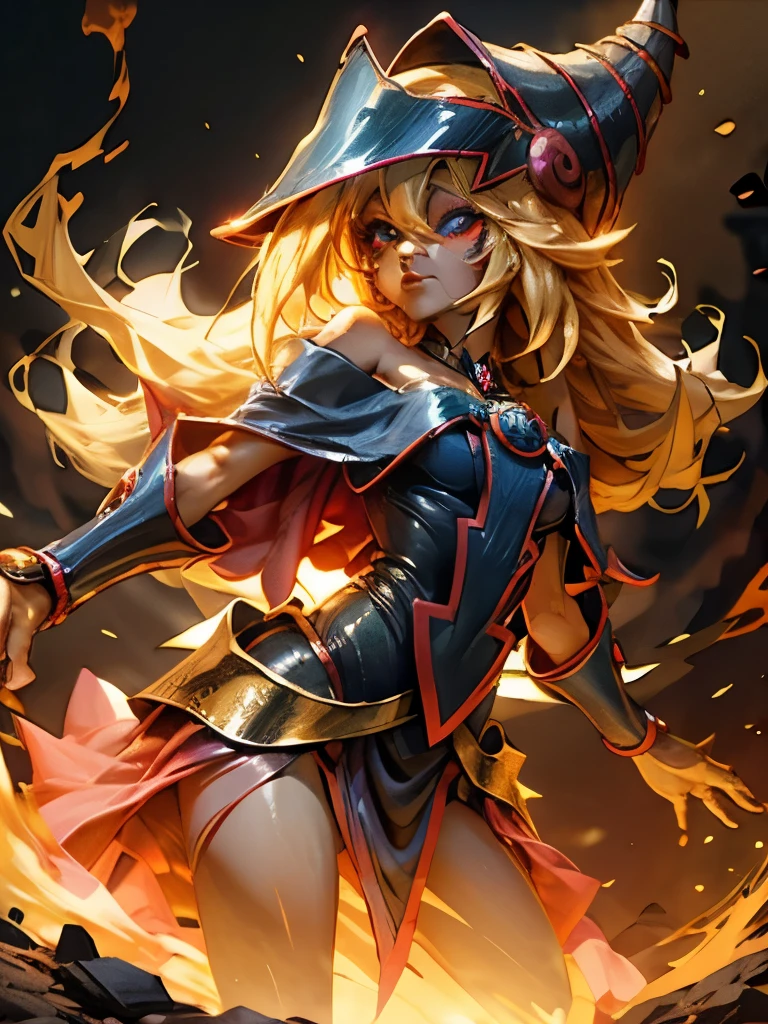 Dark magician gils en llamas. Cabello de llamas. Ojos en llamas. Labios rojos. Pose sensual. Fondo de infierno.