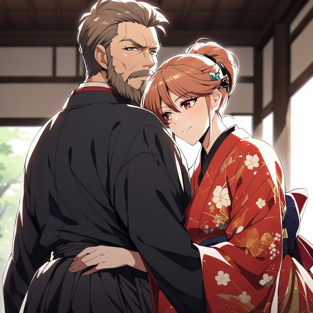 ((highest quality)), ((masterpiece)), (detailed), （Perfect Face）、（The woman is Princess Leona, with long light brown hair, a slender figure but average breasts, a gentle smile, and is in a luxurious samurai mansion.、The woman is a consort to Oda Nobunaga, and is wearing a gorgeous embroidered uchikake kimono with bright, vivid colors and patterns, as befits a consort, and has gorgeous accessories from the Edo period, such as a gorgeous hairpin and a bunkin takashimada hairstyle.）、A husband and wife are peacefully close together, the woman leans on her husband and the man embraces his wife. The husband is 60 years old and the wife is 32 years old.、The man is Oda Nobunaga, with his dignified beard and topknot, wearing formal attire such as a hakama.