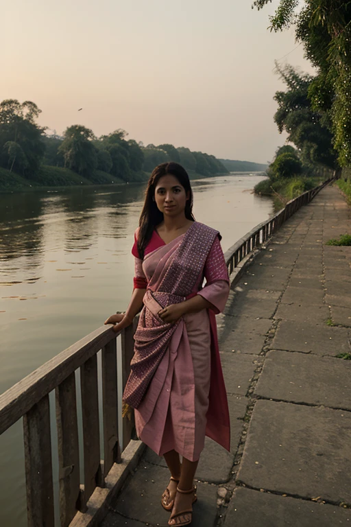 1 assamese girl, mature femal, wearing mekhela chadar, riverside view,