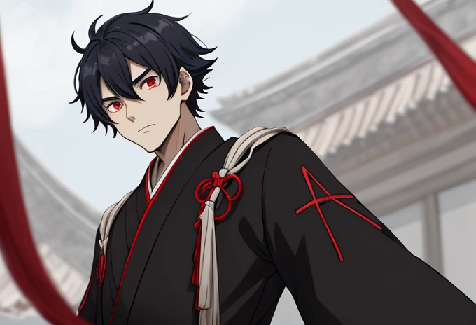 1 boy, personnage masculin basé sur demon slayer, illustrer dans un style artistique anime, he has slightly curly black hair and red eyes, habiller le personnage masculin avec un hanfu japonais traditionnel, Univers demon slayer, ultra detail, Animations 2D, 4k