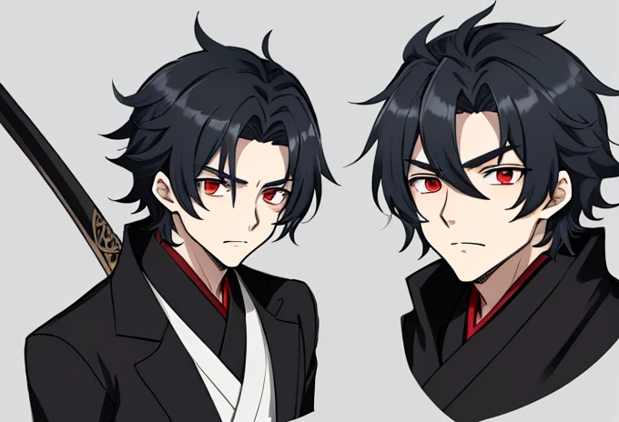 1 boy, personnage masculin basé sur demon slayer, illustrer dans un style artistique anime, he has slightly curly black hair and red eyes, habiller le personnage masculin avec un hanfu japonais traditionnel, Univers demon slayer, ultra detail, Animations 2D, 4k