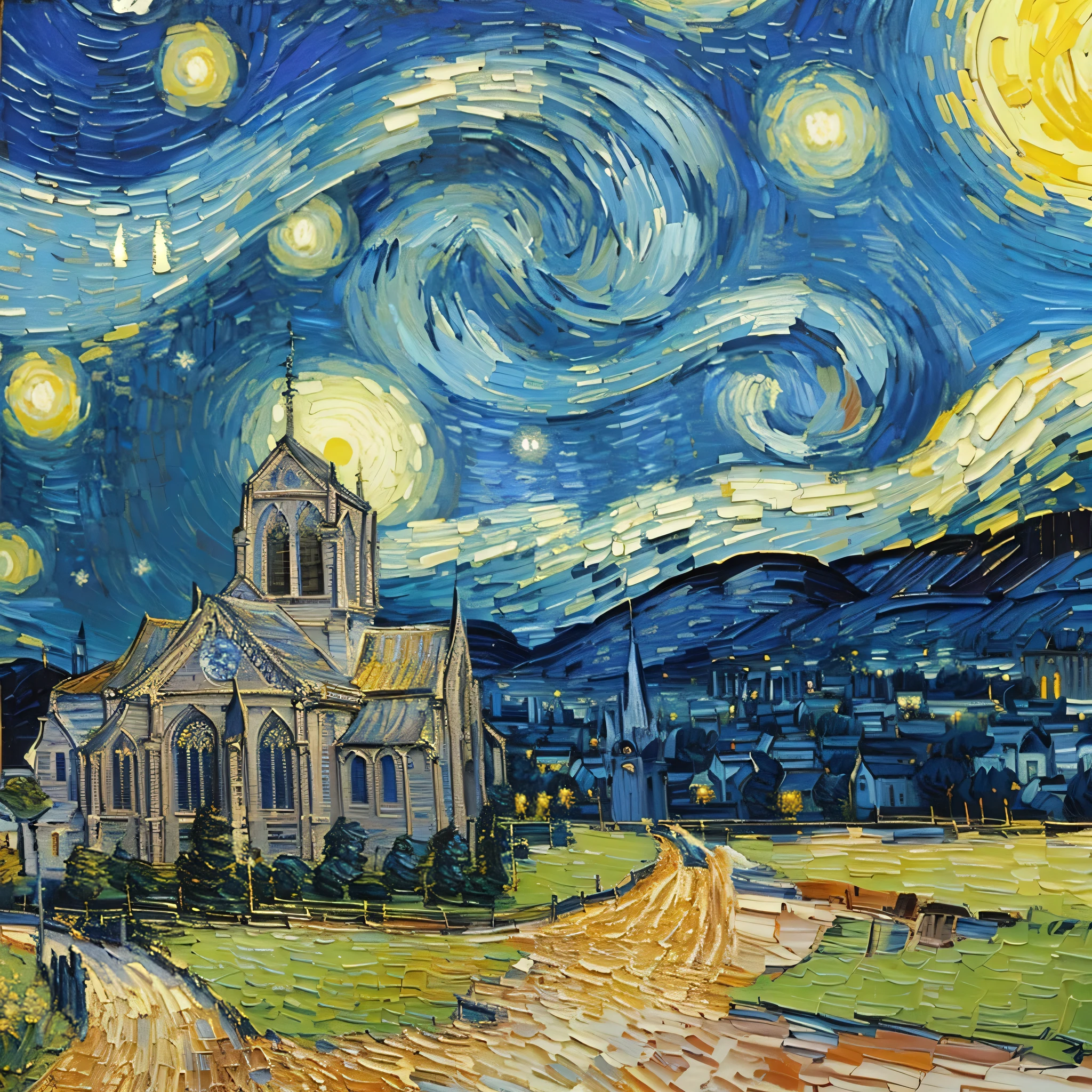 starry night painting of a church with a clock tower, van gogh art style, in van gogh&#39;s style, van gogh, van gogh paintings, van gogh style, vincent van gogh style, van gogh&#39;s style, Style of Vincent Van Gogh, van gogh&#39;s style starry night, vincent van gogh paintings, Vincent van gogh, the starry night, starry night