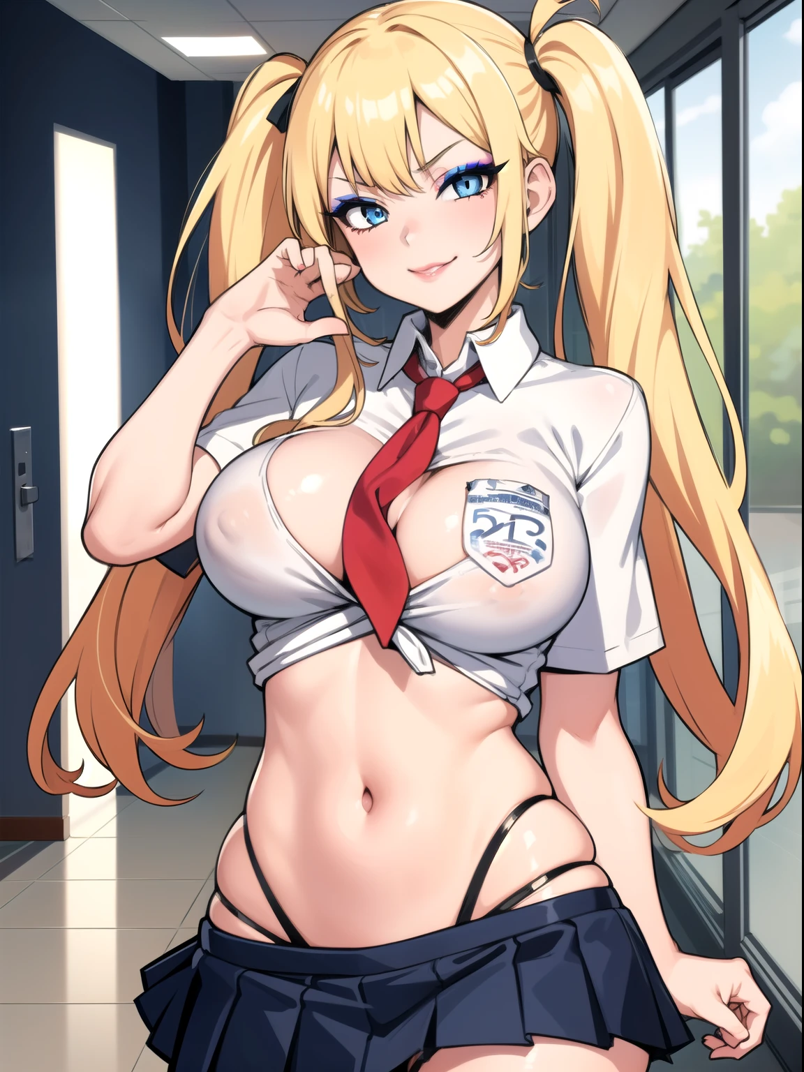 1girl,blonde hair, blue eyes, twintail,s detailed eyes, tight shirt, school uniforms,miniskirt,school hallway,lrge breasts, sagging breasts,(makeup:1.1),lipstick,center open,midriff ,smirk,groin,Condom belt, pose