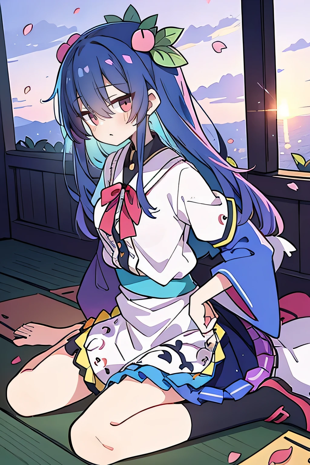 (best quality, masterpiece:1.2), expressive eyes, perfect face, 1 girl, hands on waist, beautiful, gorgeous, Japanese animation, Lola, Hinamori Angel, blue hair, floating clothes, waist grab, waist grab, hands on hips, sitting, sitting on the ground, legs on the ground, flat-chested, falling petals, sitting in a pavilion, pavilion,sunrise,Petals fall,