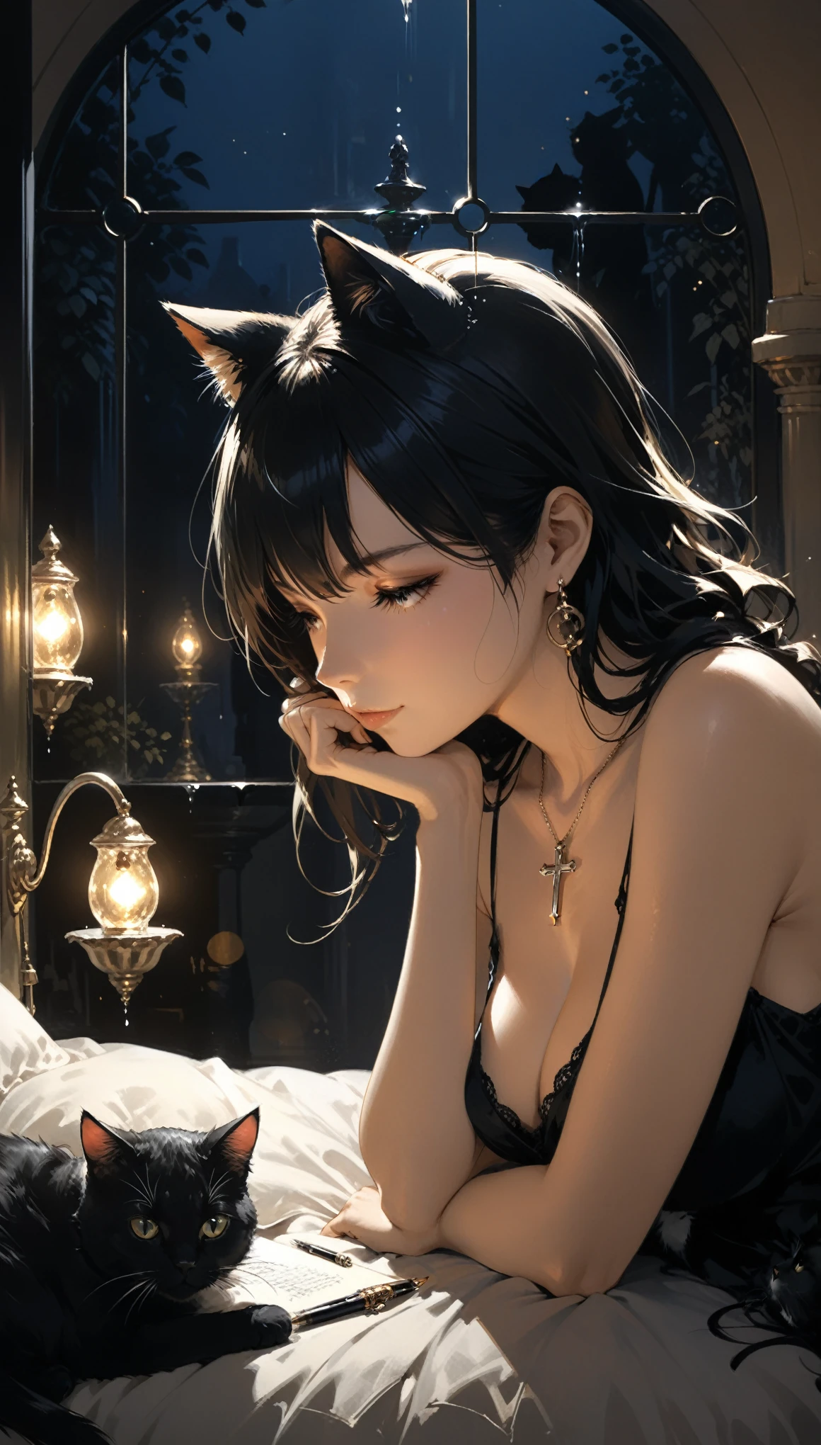 in style of Ashley Wood, (head leaning:1.3),1girl,cat,front view,Fountain Pen stroke style,round windows,bed,romantic mood lighting,pendant,cat between cleavage,sit cross-legged on the bed,upper_body,close-up,