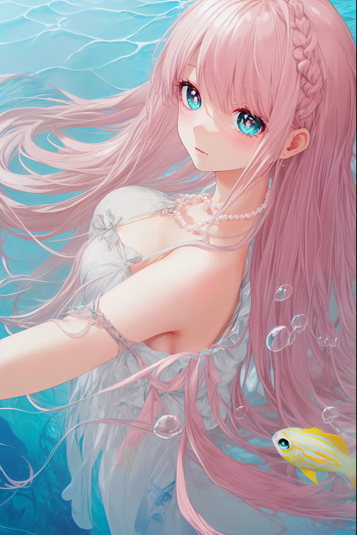 (((pearl pink hair,emerald pupils))),((beautiful and detailed)),(blushing), (geometric:1.1),(((under the water,in the ocean,bubbles,fish))), ((1girl,amazing,adorable girl,solo,arms down)),(Masterpiece,Best quality, offcial art,fractal art, Beautiful and aesthetic:1.2),(4k,HD,HRS),((small breasts)),(Physically-based rendering),Sharp focus, (((highdetailskin,The details are complex、Shallow depth of field、movie lighting、Reflectors、a Canon EOS R5、50mm lens、f / 2.8、shot at 8k resolution))),simple cloths，correct pupils,((((shiny hair|detailed hair|half bangs|long hair)))),(masterpiece sidelighting),(The sheen),(beautiful hair,beautiful background,bokeh:55mm)),((extremely_Detailed_Eyes_and_face)),Movie girl,(Dynamic posture: 1.2),Brilliant