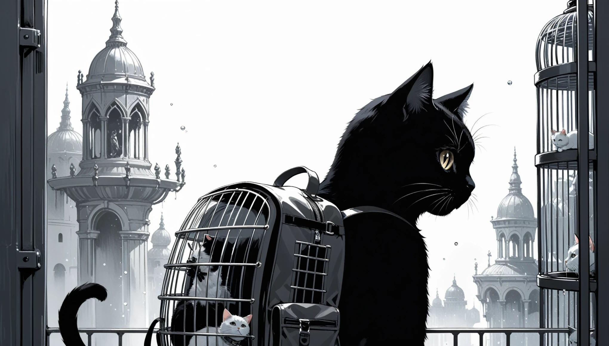 in style of Ashley Wood,in style of Jillian Tamaki,
(head leaning:1.3),(1girl:1.3),(pet cats in a cat cage:1.4),Fountain Pen stroke style,round windows,upper_body,close-up,(backpack-style cat cage:1.4),from_back,