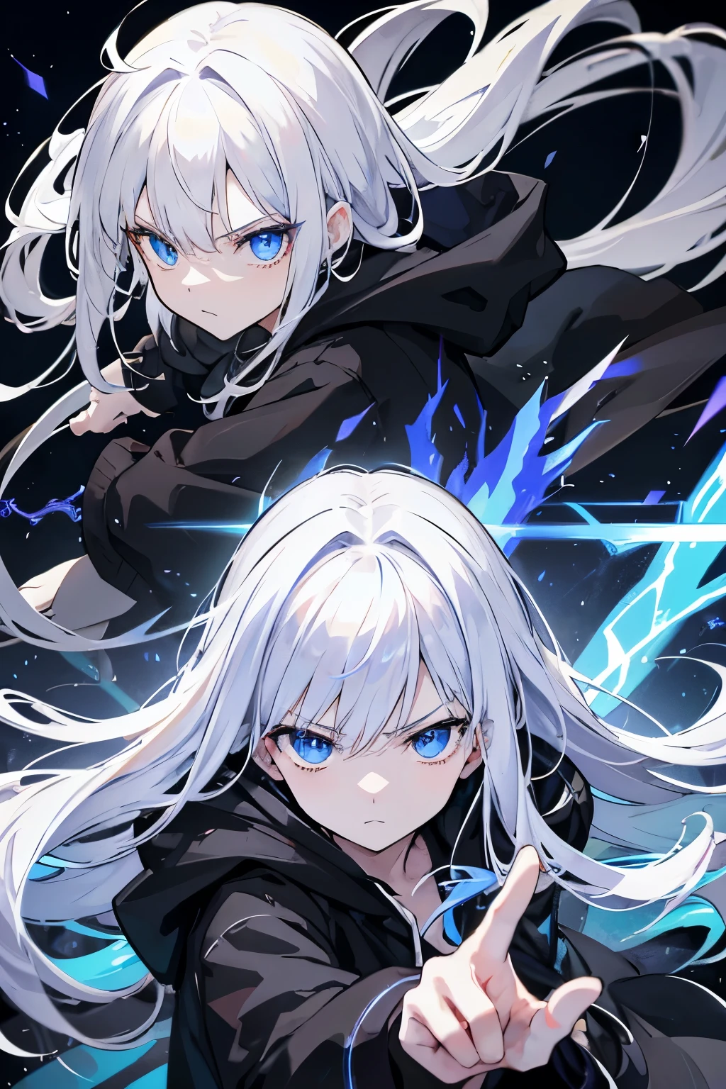 Her hair is long and white、The eyes are glowing blue。The character is in landscape orientation、Spells coming from his hands。The character is glaring at you while fighting the enemy.。male The background is black。He is wearing a black hoodie。The body has been strengthened with the skill Physical Strengthening.。