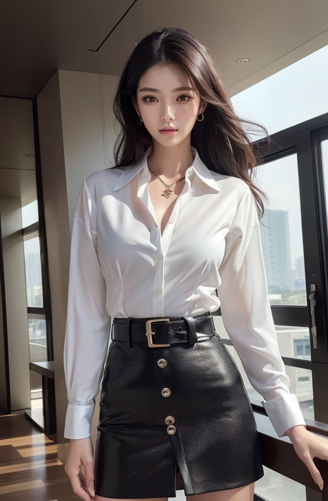 (highest quality, High resolution, masterpiece :1.3), Tall and beautiful woman, Slim Abs, Black hair styled in loose waves, chest, Wear a pendant, White button-up shirt, belt, Black Skirt, (Modern architecture in the background), Exquisite expression of facial and skin texture details, Fine grain, double eyelid