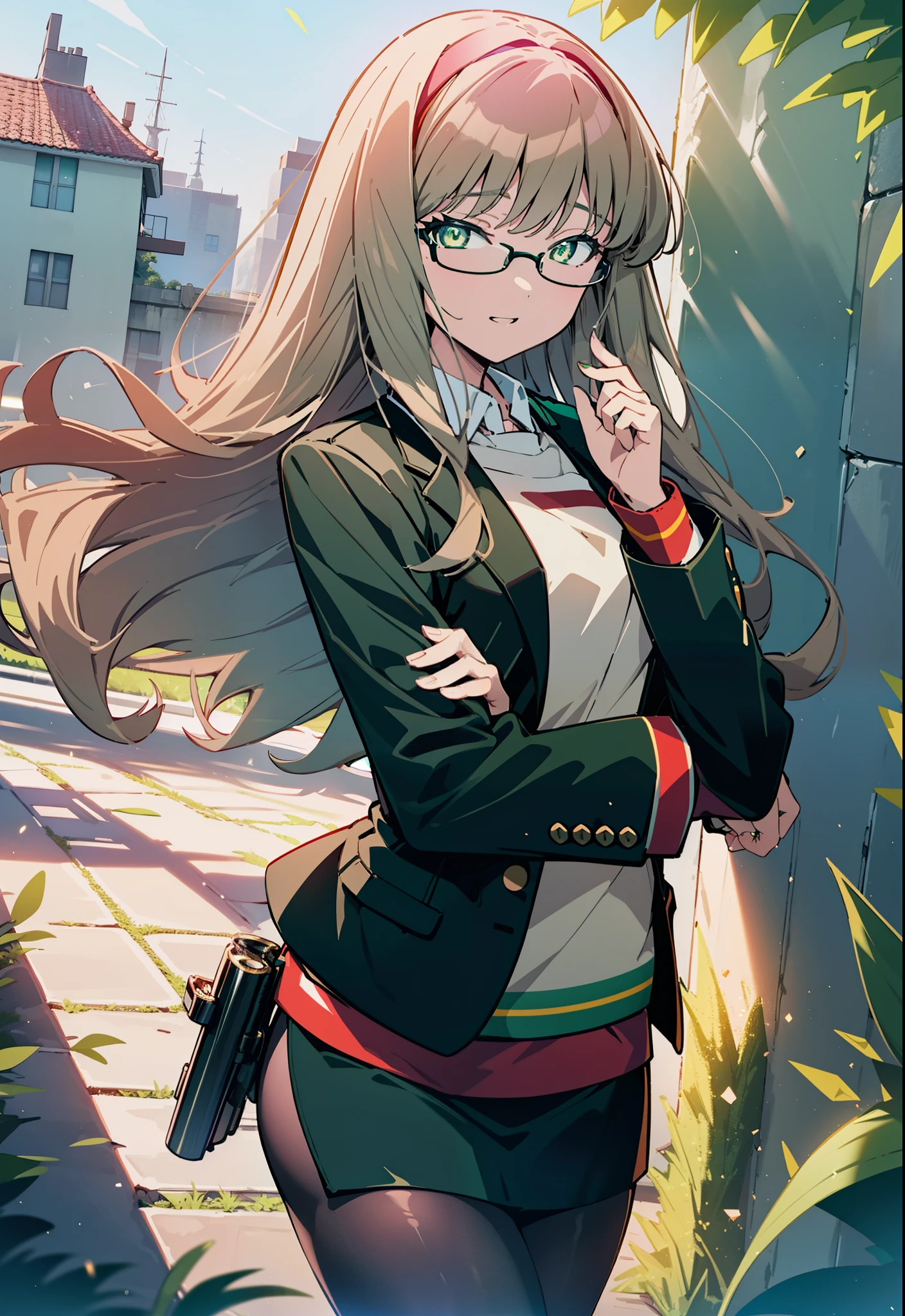 minami yume ,sss Dynazenon ,Long Hair, Brown Hair, (Green Eyes:1.5) ,Center of chest,hair band,happy smile, smile, Open your mouth,OL, Black-rimmed glasses, end, Black suit jacket, Collared jacket, White dress shirt, Collared shirt, Neckline, button,  Black pencil skirt, Black Pantyhose,Stiletto heels,morning,morning陽,The sun is rising,It&#39;s as if your whole body is in the illustration.,
break looking at viewer, (Cowboy Shot:1. 5)
break outdoors, city,Area,
break (masterpiece:1.2), highest quality, High resolution, unity 8k wallpaper, (shape:0.8), (Beautiful and beautiful eyes:1.6), Highly detailed face, Perfect lighting, Extremely detailed CG, (Perfect hands, Perfect Anatomy),