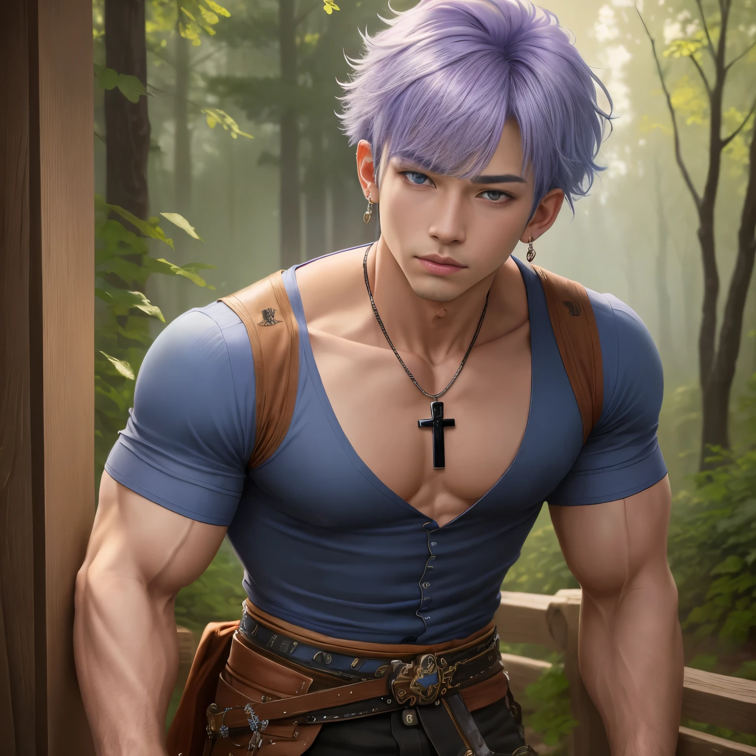 8k, masterpiece, best quality, realistic, higly detailed, cowboy shot, 1boy, solo, Mitsuya, young man, lavender eyes, short light blue hair, muscular body, black huggie earring in a cross design on his left ear, shirt, monk