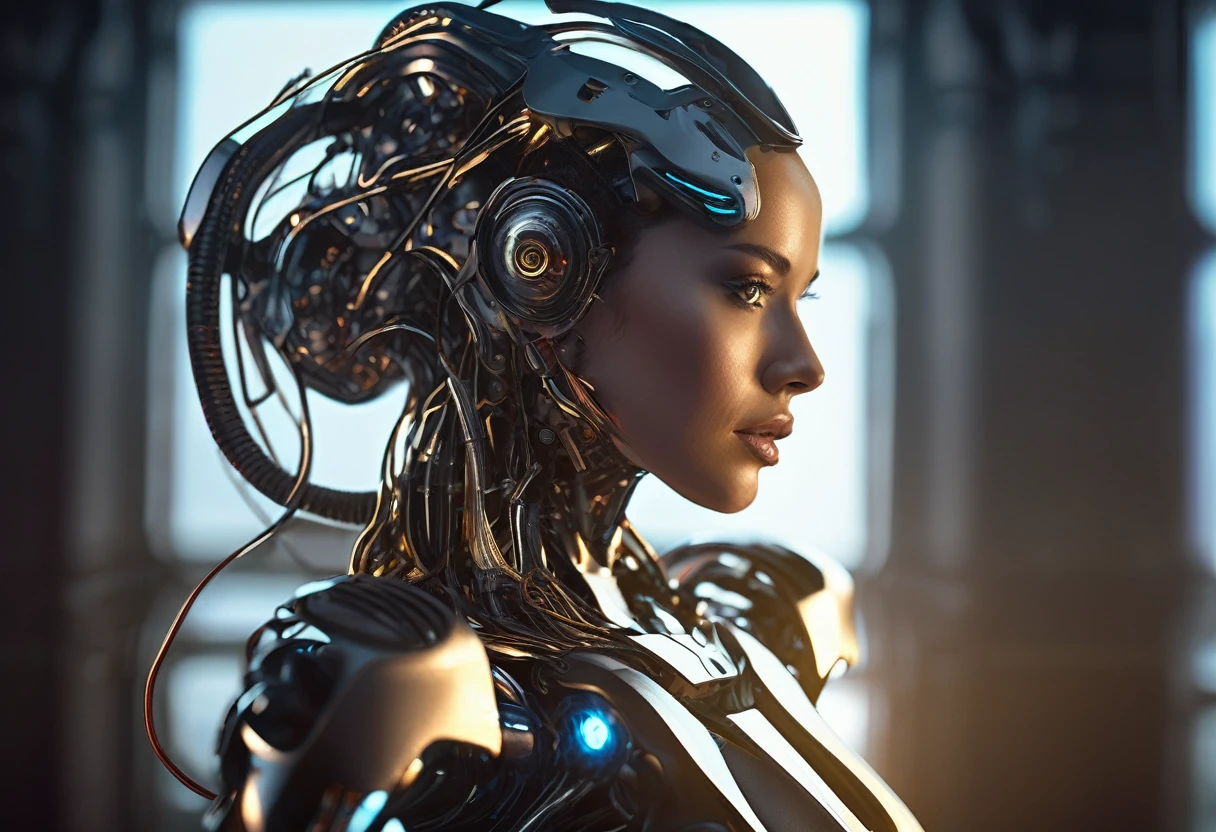 a highly detailed cyborg woman,robot companion,approaching her mistress,in bedroom,removes her sci-fi outfit,revealing soft and shapely form,cinematic lighting,hyper realistic,detailed futuristic android,intricate mechanical components,seamless integration of organic and cybernetic elements,flawless skin texture,dynamic pose,delicate facial features,luminescent eyes,glowing highlights,moody color palette,dramatic chiaroscuro lighting,cinematic atmosphere,masterpiece