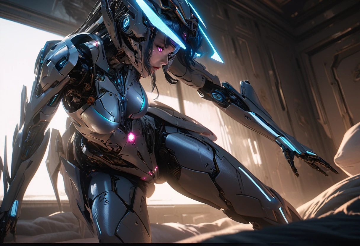a highly detailed cyborg woman,robot companion,approaching her mistress,in bedroom,removes her sci-fi outfit,revealing soft and shapely form,cinematic lighting,hyper realistic,detailed futuristic android,intricate mechanical components,seamless integration of organic and cybernetic elements,flawless skin texture,dynamic pose,delicate facial features,luminescent eyes,glowing highlights,moody color palette,dramatic chiaroscuro lighting,cinematic atmosphere,masterpiece