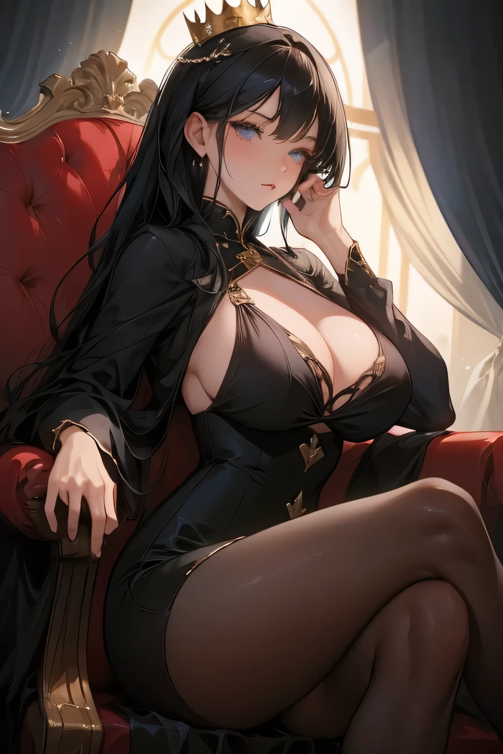 Beautiful woman in a mansion, long black hair, blue eyes, sexy black dress, big ass, big breasts, lots of details, cinematic texture, light, carefully designed, atmosphere, front pose, sitting on the throne, Golden crown on head