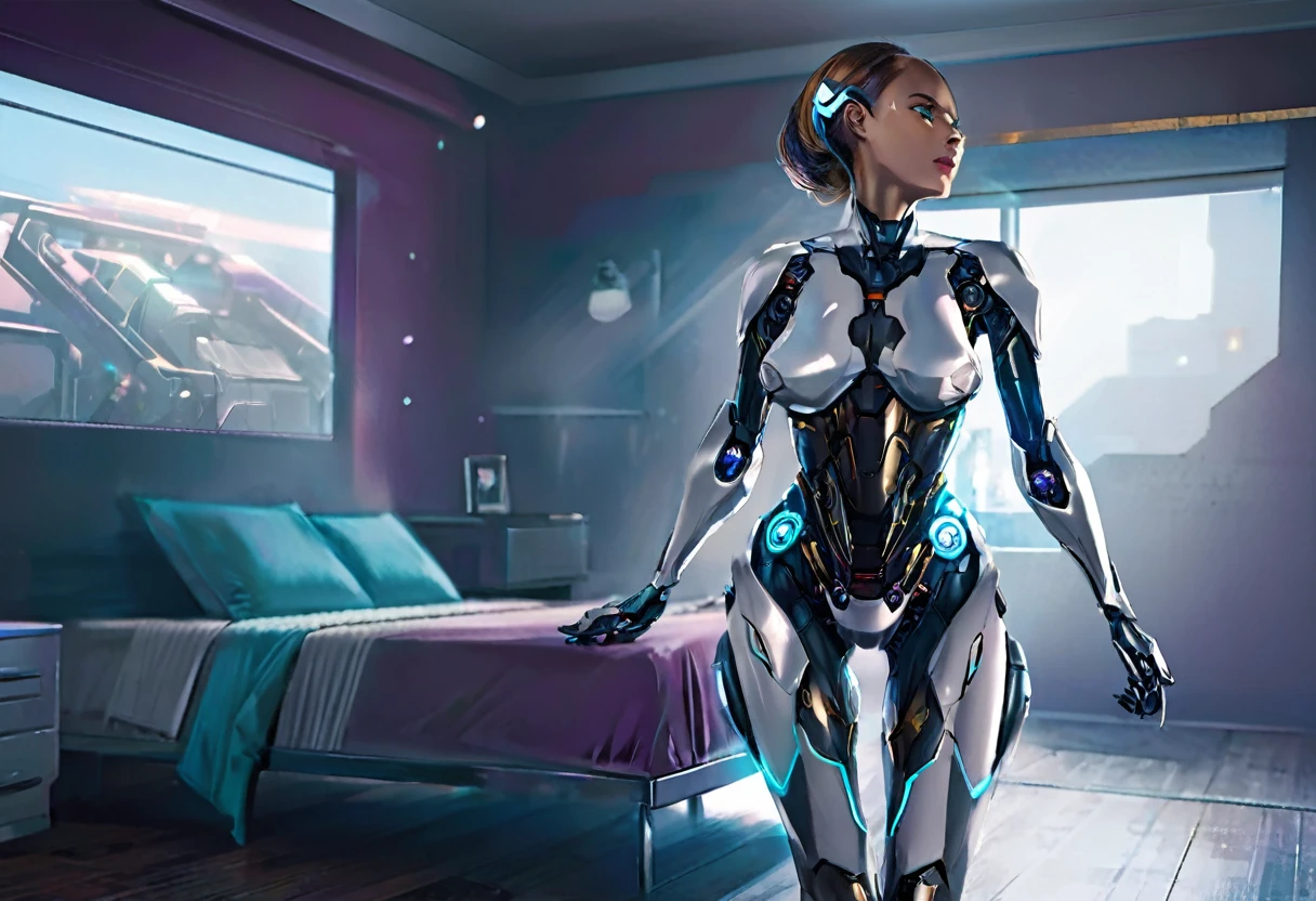 a highly detailed cyborg woman,robot companion,approaching her mistress,in bedroom,removes her sci-fi outfit,revealing soft and shapely form,cinematic lighting,hyper realistic,detailed futuristic android,intricate mechanical components,seamless integration of organic and cybernetic elements,flawless skin texture,dynamic pose,delicate facial features,luminescent eyes,glowing highlights,moody color palette,dramatic chiaroscuro lighting,cinematic atmosphere,masterpiece
