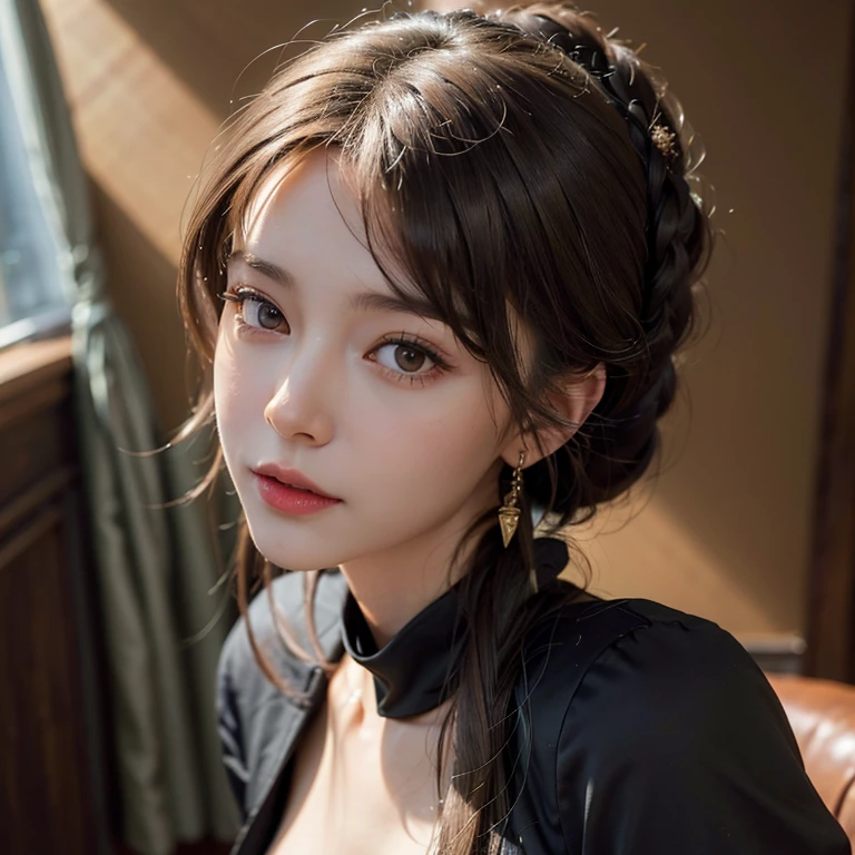 a beautiful russian woman in her 20s, light brown hair, fine white skin, attractive face, tight waist, cleavage, smiling kindly, active posing, detailed eyes, beautiful detailed nose, beautiful detailed lips, long eyelashes, perfectly balanced body, (best quality,8k,highres,masterpiece:1.2),ultra-detailed,(realistic,photorealistic,photo-realistic:1.37),HDR,UHD,studio lighting,ultra-fine painting,sharp focus,physically-based rendering,extreme detail description,professional,vivid colors,bokeh,portrait,seductive gaze, wearing a loose jacket,black clothes,Tying up hair