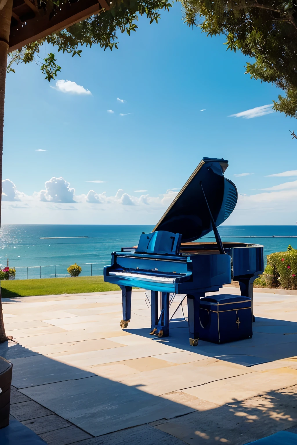 a piano drawn in the Disney style by the sea in blue and light blue colors against the sky with a musician 