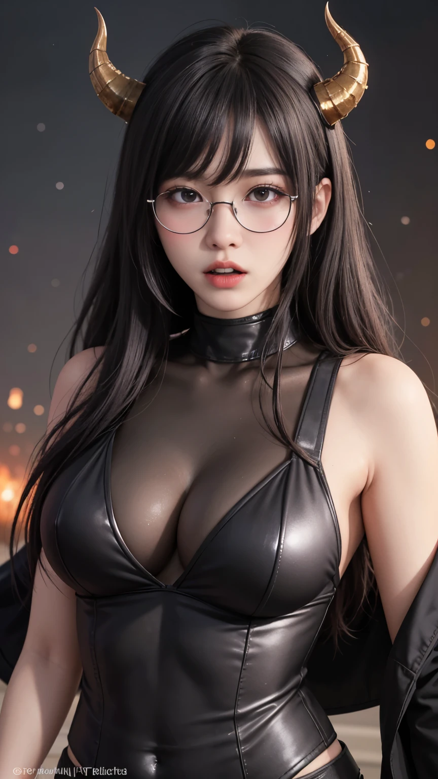 background(Black Night Sky,Big Moon),Close-up of a woman,Wearing a white shirt、((Black-rimmed glasses))、Purple Hair,Very long hair,very thick braids,Purple eyes,big , realistic girl rendering, 8k artistic german bokeh, Enchanting girl, Realistic girl, Gurwitz, Gurwitz-style artwork, Girl Roleplay, Realistic 3D style, cgstation Popular Topics,, 8K Portrait Rendering,(truth,truth:1.4),Wear pink pajamas,巨big ,Sparkling eyes,Purple eyes、(highest quality,4K,8k,High resolution,masterpiece:1.2),Very detailed,(Realistic,photoRealistic,photo-Realistic:1.37),Mythical monster,Beast-like creature,Muscular,Six big legs,Stand like a gorilla,Red fur covering the body,two big horns,Drill teeth,Sharp Claws,Huge shape,Burning Fire Magic,Energy aura,A threatening presence,Glowing Eyes,Intimidating posture,Dark Environment,Smoke-filled air,Ominous Shadow,Majestic and fierce,Explosive power,Vibrant colors,bold,Horror art style,moving composition,Dramatic lighting,rib layer,large sharp teeth,Sharp Edges,Very detailedスケール,Burning Crack,Burning Flames,Furious expression,Burning with anger,Surrounded by sparks and embers