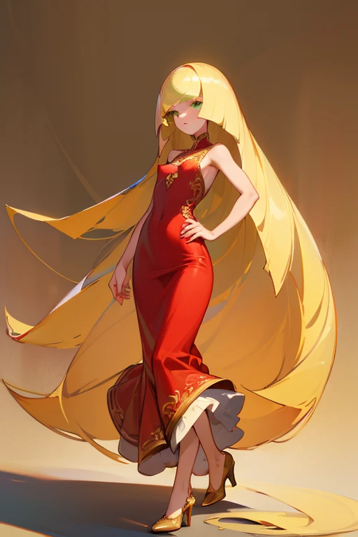 ((highest quality)), ((masterpiece)), (Familiar), Lusamine,nsfw,thin,Long Blonde Hair,Small breasts,Small breasts,????? nipples,Adult female,Green Eyes,Slanted Eyes,Sleeveless dress,Gorgeous red dress,Gold embroidery,High heels,Fascinating,Long skirt