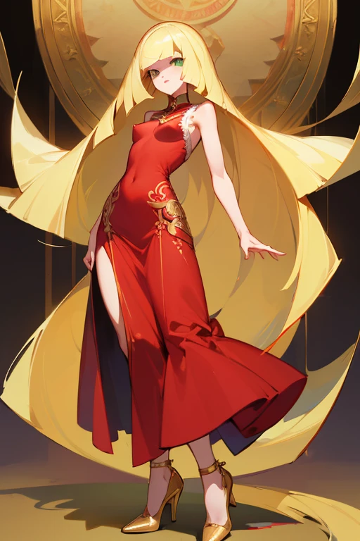 ((highest quality)), ((masterpiece)), (Familiar), Lusamine,nsfw,thin,Long Blonde Hair,Small breasts,Small breasts,Erect nipples,Adult female,Green Eyes,Slanted Eyes,Sleeveless dress,Gorgeous red dress,Gold embroidery,High heels,Fascinating,Long skirt