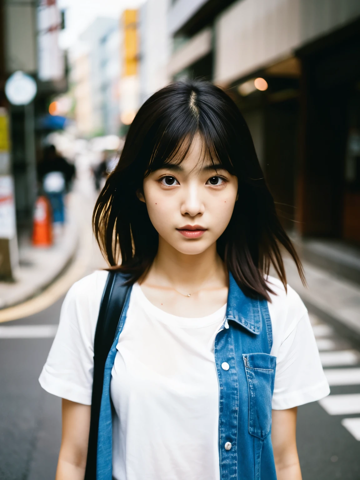 there is a woman standing on a sidewalk with a shirt on, portrait of a japanese , a young asian woman, portrait of a japanese girl, young asian girl, inspired by Kim Jeong-hui, photo of young woman, jaeyeon nam, chiho, young asian woman, portrait of christy ren, korean girl, of a youthful japanese girl, an asian woman
