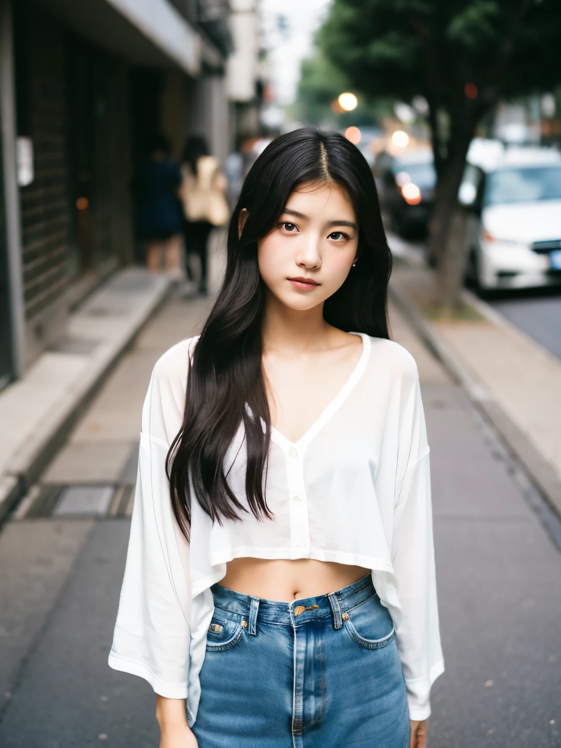 there is a woman standing on a sidewalk with a shirt on, portrait of a japanese , a young asian woman, portrait of a japanese girl, young asian girl, inspired by Kim Jeong-hui, photo of young woman, jaeyeon nam, chiho, young asian woman, portrait of christy ren, korean girl, of a youthful japanese girl, an asian woman