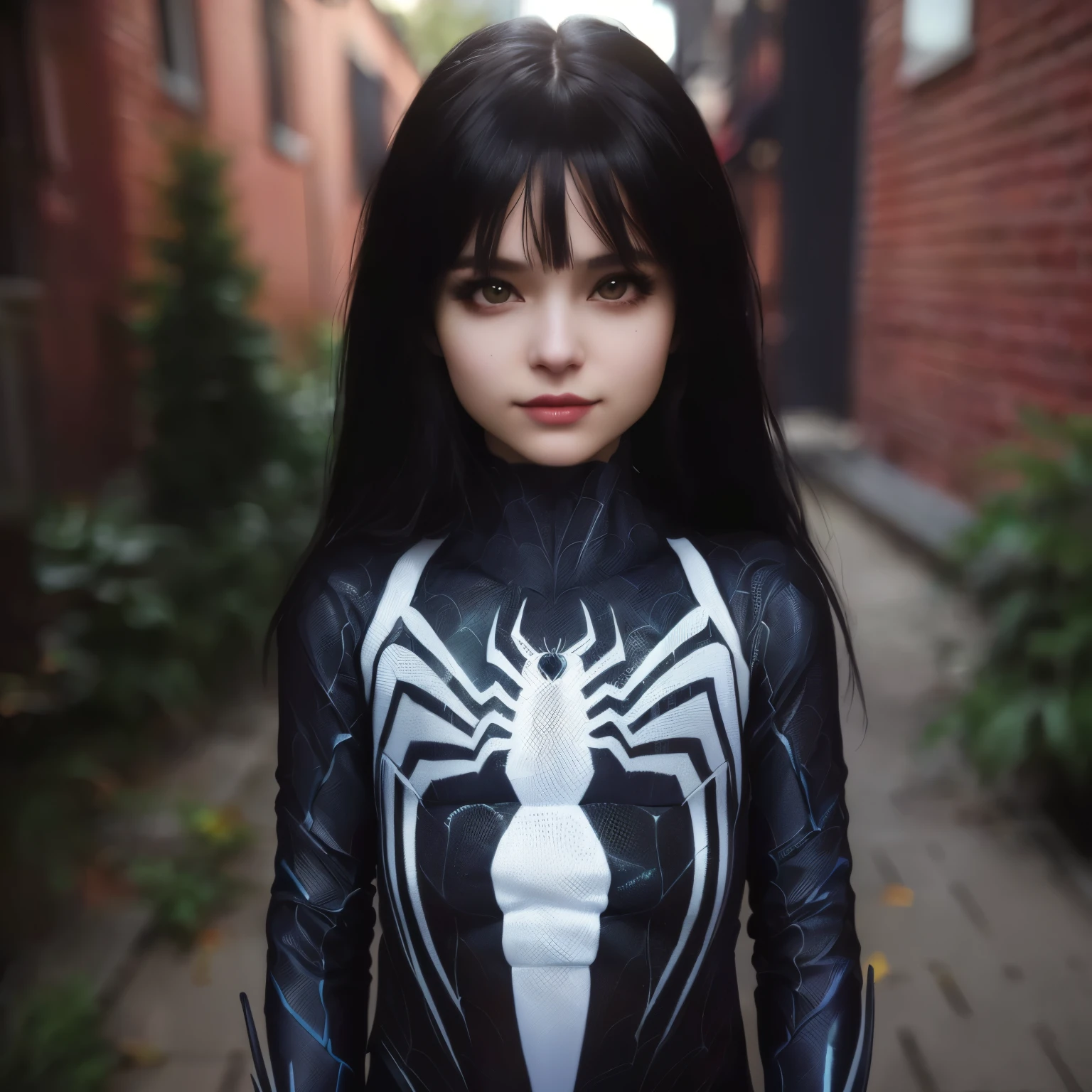 Arafed girl in a spider suit standing on a sidewalk, cosplay realista, disfraz de veneno, ( ( Spider woman ) ), Anna Nikonova aka Newmilky, futuristic style spider man, Super realistic photo, Asombroso!,  hybrid, simbionte, foto muy realista, Spider woman, una foto ultra realista, Asombroso photorealistic graphics, 🤤 girl portrait, wonderful expression