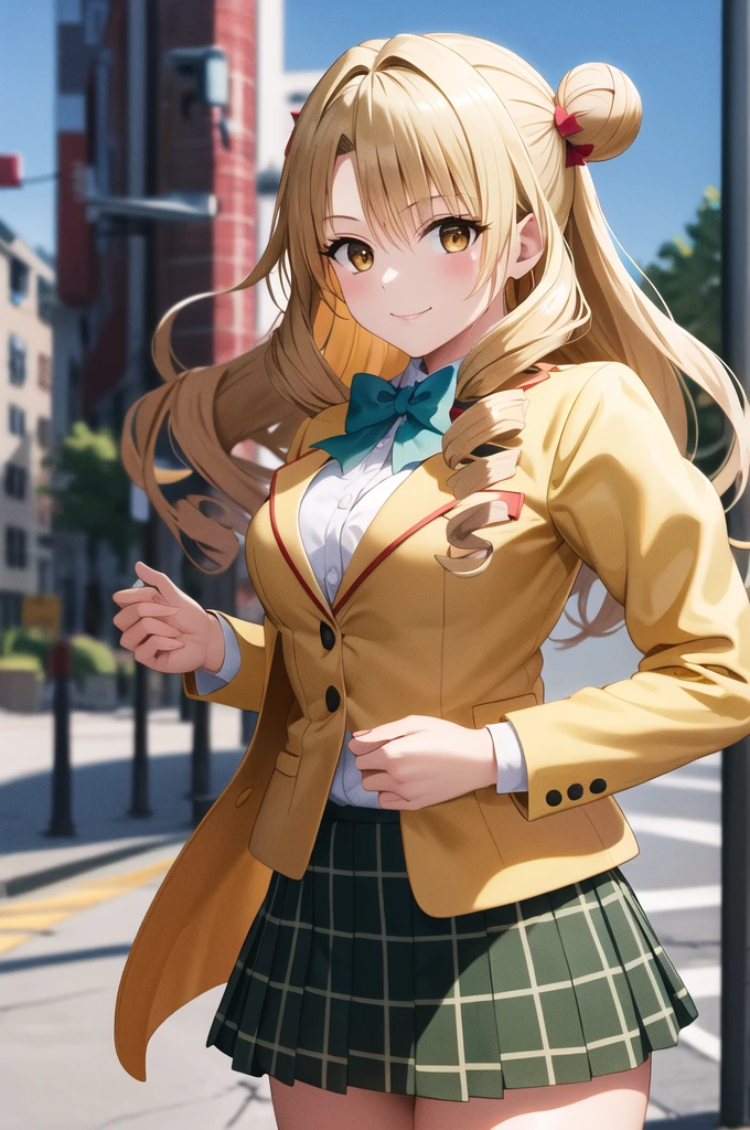 masterpiece, highest quality, High resolution, One girl, alone, Long Hair, Blonde Hair, Double good, Drill Hair, Brown eyes, , Green bow tie, blazer, Yellow Jacket, Long sleeve, Checked skirt, Green Skirt, Are standing, Cowboy Shot, Outdoor, smile,Left and right bun hairstyle