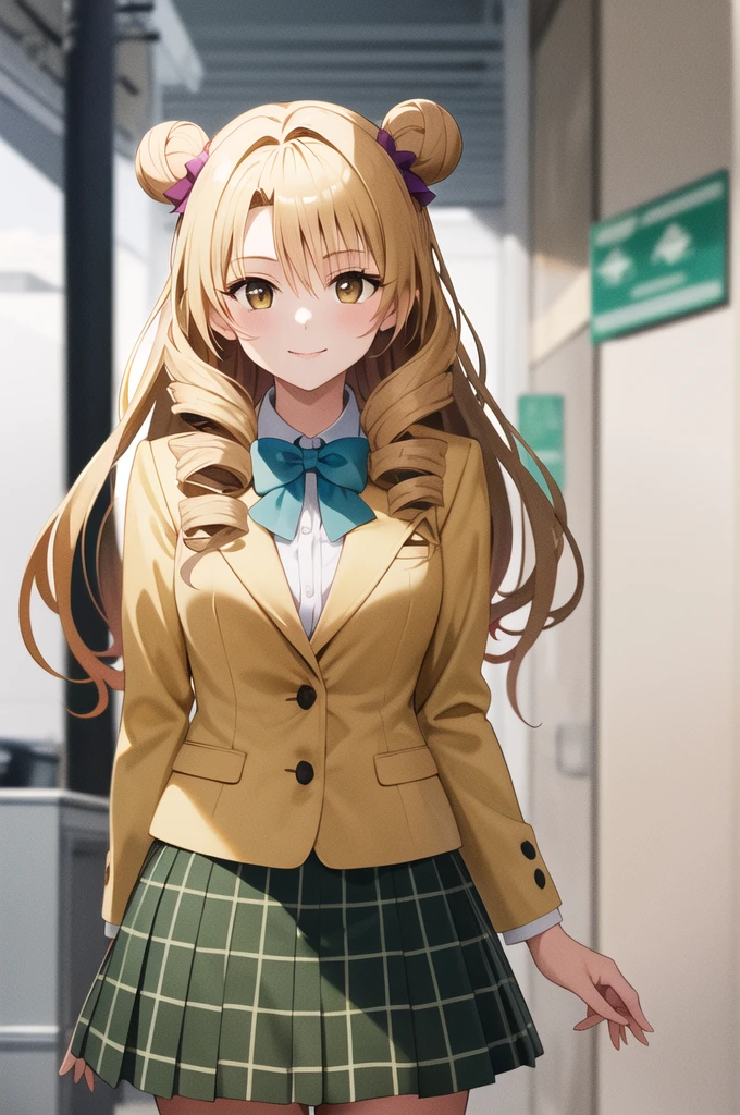 masterpiece, highest quality, High resolution, One girl, alone, Long Hair, Blonde Hair, Double good, Drill Hair, Brown eyes, , Green bow tie, blazer, Yellow Jacket, Long sleeve, Checked skirt, Green Skirt, Are standing, Cowboy Shot, Outdoor, smile,Left and right bun hairstyle