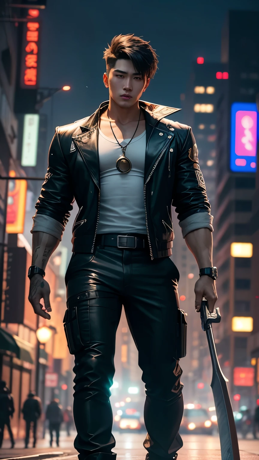 cyberpunk handsome korea boy, realistic face 8k, ultra realistic. City street., bokeh, but he's a large muscular man with a giant scythe
