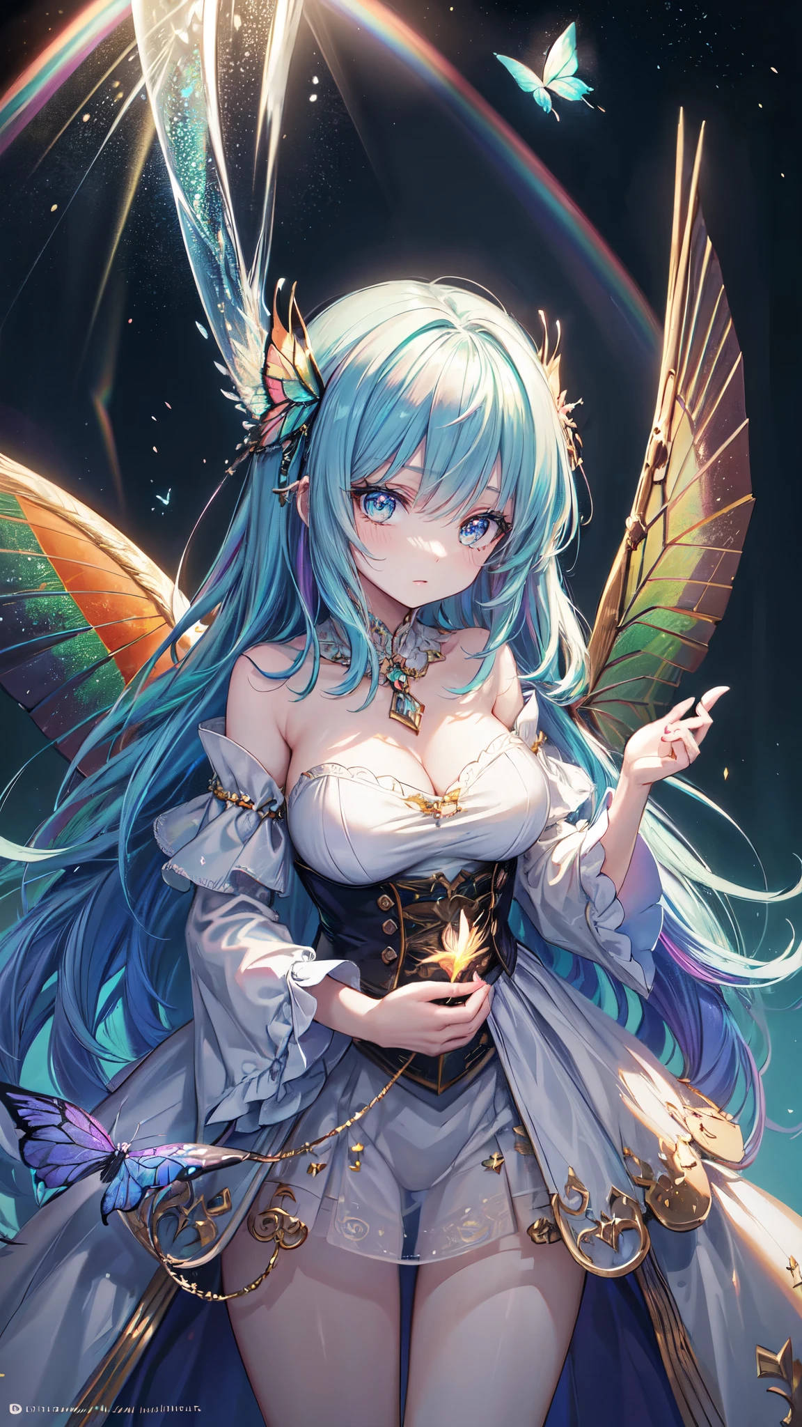(((masterpiece))), (((best quality))), ((ultra-detailed)),(highly detailed CG illustration), ((an extremely delicate and beautiful)),cinematic light, Create a stunning fantasy artwork that mimics the style of currently trending masters of the genre. The art piece should contain elements of both mythic fantasy and fairytale fantasy with colorful rainbow accents and dark jewel-toned hues. ((Utilize the rainbow as the main color scheme.)) The character in the artwork is a delicate but strong figure with an aura of mystery and magic. Pay close attention to intricate facial features, such as mesmerizing eyes with vibrant colors and bold shading. The character's clothing should be designed with gossamer feathers, silk, stunning embroidery, and subtle iridescent details. Incorporate (((translucent iridescent rainbows))), dreamy colors, dynamic lighting, and detailed background elements to create a sense of awe and immersion. ((Include colorful flying magical birds and jewel-toned rainbow butterflies radiating a magical aura.)) Consider the latest trends in fantasy art, such as incorporating unique lighting effects, exploring dynamic and compelling composition techniques, and experimenting with unique color palettes. Take inspiration from the top artists on ArtStation and Midjourney. Camera: Choose an angle that highlights the character's beauty and enhances the magical majesty of the artwork. Lighting: Utilize atmospheric lighting techniques to create depth and mood. Resolution: Aim for a high-resolution artwork to showcase intricate details and clarity. Art Inspirations: Seek inspiration from the trending artists on ArtStation, exploring different styles, genres, and themes., detailed face, detailed eyes, detailed hands,half naked, breasts outside