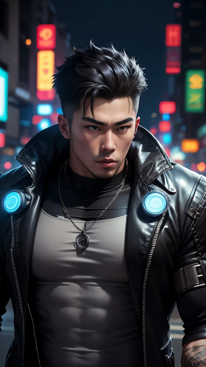 cyberpunk handsome korea boy, realistic face 8k, ultra realistic. City street., bokeh, but he's a large muscular man with a giant scythe