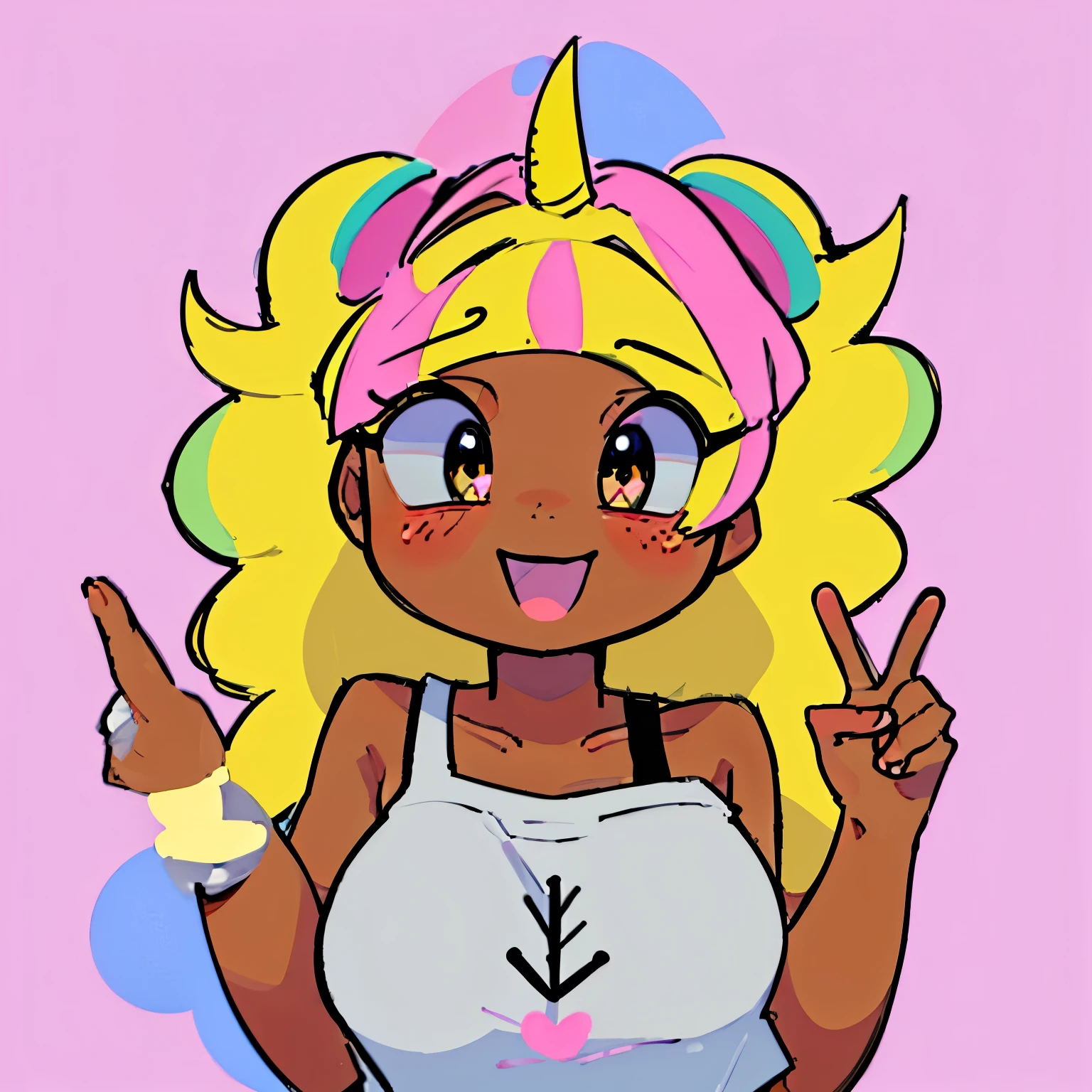(masterpiece, best quality:1.2) 1Female, brown skin, big round black eyes, chunky eyebrows, kawaii face, sparkles and hearts in eyes, bangs, long pink hair, yellow unicorn horn on head, big breasts, huge breasts, overly large breasts, waving at viewer, pastel colors, clouds, unicorn, pastel rainbows, simple white background.