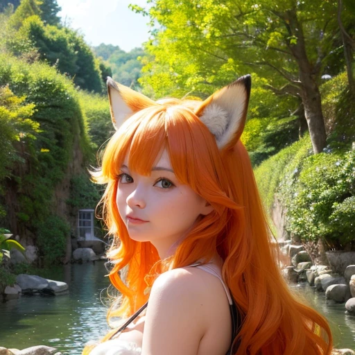 (best quality,4k,8k,highres,masterpiece:1.2),ultra-detailed,(realistic,photorealistic,photo-realistic:1.37),cute,solo girl with orange long wavy hair,blue eyes,fox ears,fluffy fox tail,wearing traditional Japanese  clothing, summer time in Japan,beautiful garden scenery,lush greenery,colorful