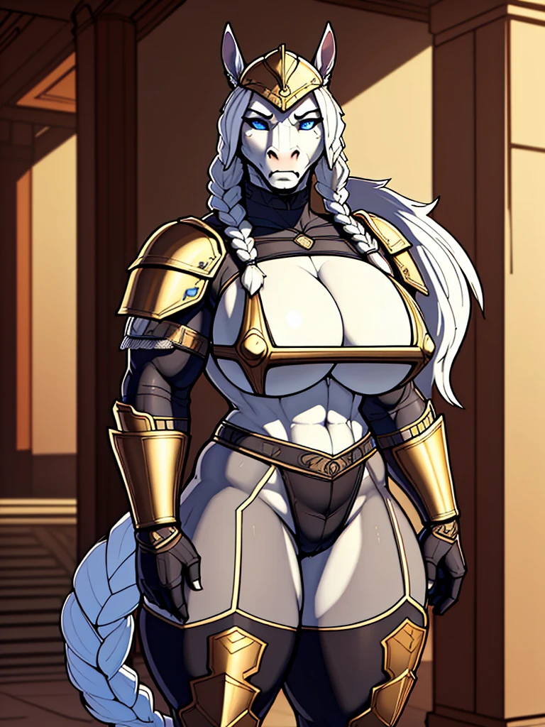 muscular_mature_horse female white_mane long_single_braid gray_furry_body blue_eyes solo Masterpiece best_quality absurdres highly_detailed heavy_roman_armor helmet cleanly_drawn_eyes anthro_only angry by_claweddrip, by_greasymojo, by_underscore-b, by_runawaystride