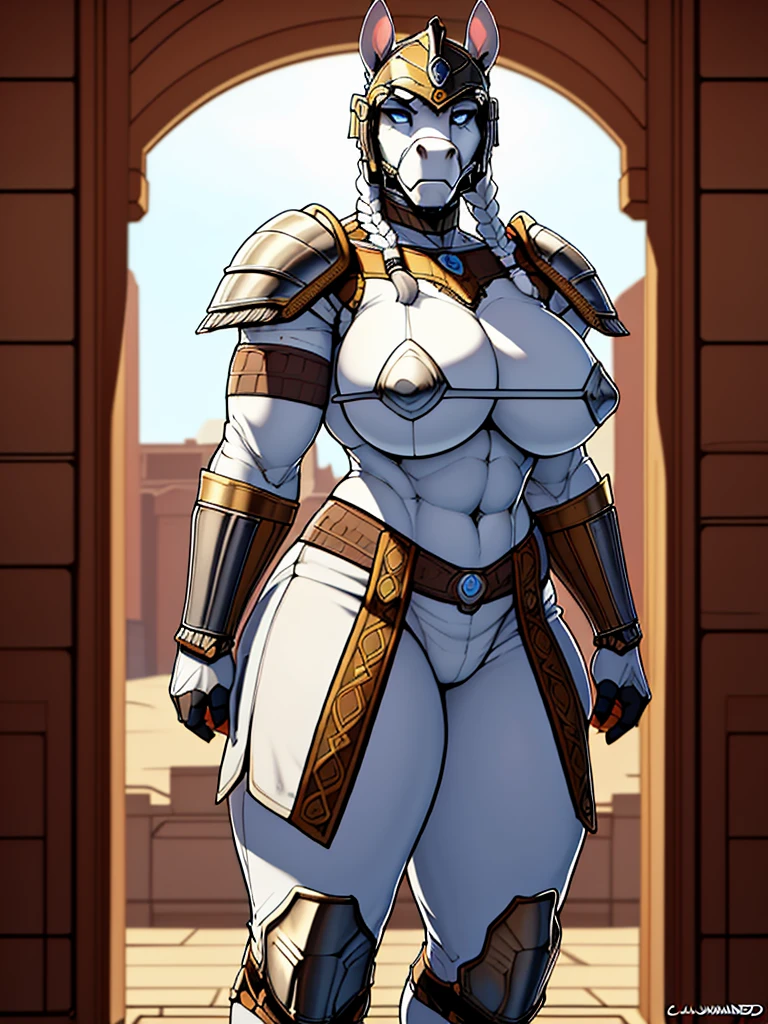 muscular__horse female white_mane long_single_braid gray_furry_body blue_eyes solo Masterpiece best_quality absurdres highly_detailed heavy_roman_armor helmet cleanly_drawn_eyes anthro_only angry by_claweddrip, by_greasymojo, by_underscore-b, by_runawaystride
