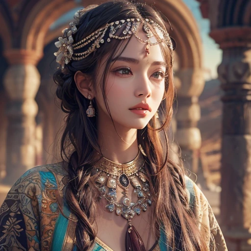 desert、Hair flow、 ((highest quality、masterpiece、8k、Best image quality、Ultra-high resolution、Award-winning works)、(Woman close up'Face:1.35)、(裸Faceのクローズアップ:1.3)、(Accurate anatomy:1.1)、(Look at me and smile:1.1)、Shining fair skin with Ultra-high resolution、The most detailed face、Ultra-high resolution detailed face、Ultra-high resolutionの髪の毛、(Ultra-high resolutionの煌めく瞳:1.1)、Beautiful face drawn in every detail、(Blurred Background:1.1)、Ancient Islamic clothing, Chest to chest, tattoo, Old ruins in the background、
