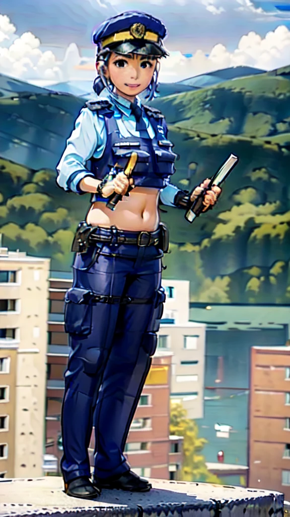 
Women in crop top police uniform, police  pants, showing navel, fat