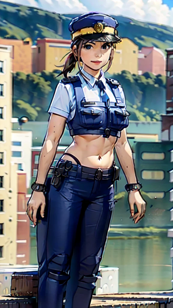 
Women in crop top police uniform, police  pants, showing navel, fat