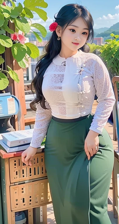 Burmese girl with attractive curvy full body. Friends full-length bikini, (green dress) reflective long dress painted with flower patterns, only dress. hi gh hips High resolution High resolution natural background High resolution HD 3D, 8K cartoon anime