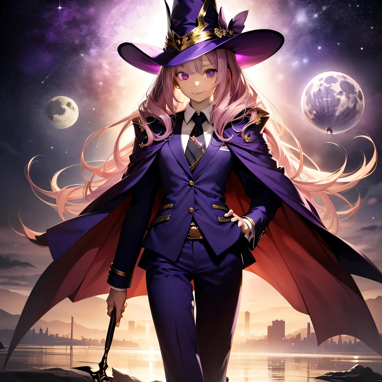 top-quality、extremely delicate and beautiful、(A teenage girl)、Purple Eye、Pink hair、long-haired、(purple witch hat)、Purple tie、Soio、shortsleeves、Purple pants、Purple Tuxedo Suit、Violet and gold cape、 standing、Full moon night on background, gold shining long staff, magical, wide grin, released a powerful magic