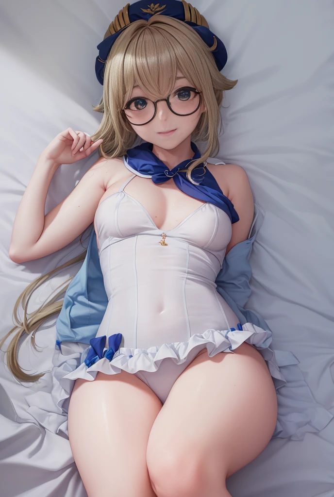 clay, blush, smile, Usual clothes, White and Blue clothes, White e Navy Blue Hat, Glasses, Combat Uniform, Primary school students, The back is very smal, Lolita, Small breasts, Show me your armpits, exterior: 14 years old, Shoulder Bare, The clavicle is visible, Sexy thighs, Beautiful feet, Usual hairstyle, highest quality, High resolution, unity 8k wallpaper, (shape:0.8), (Beautiful and beautiful eyes:1.6), Highly detailed face, Perfect lighting, Extremely detailed CG, (Perfect hands, Perfect Anatomy),