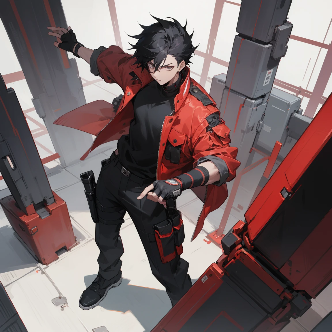 ((highest quality)), ((masterpiece)), (be familiar with), 1 male, alone, Black Hair,Spiky Hair,Black Cargo Pants,Red jacket,Black Shirt,Large,Fingerless Gloves, cyber punk,SF,Handgun
